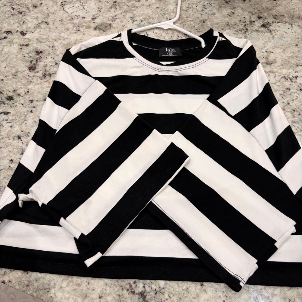Dressed in LALA Black and White Striped Short Sleeve Cropped Tee